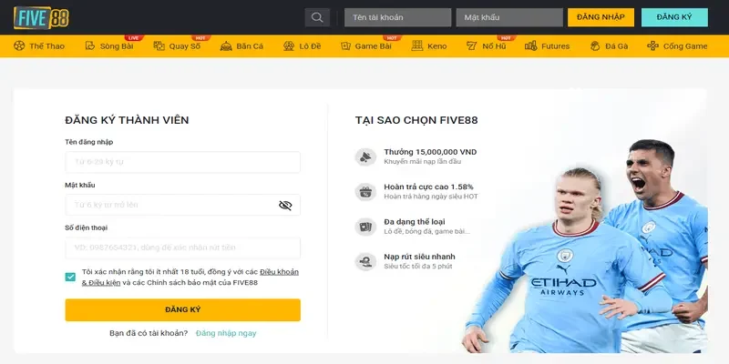 Đăng ký tài khoản Five88 dễ dàng