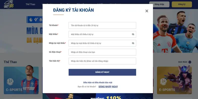 Quy trình đăng ký tài khoản mới tại Sky88 